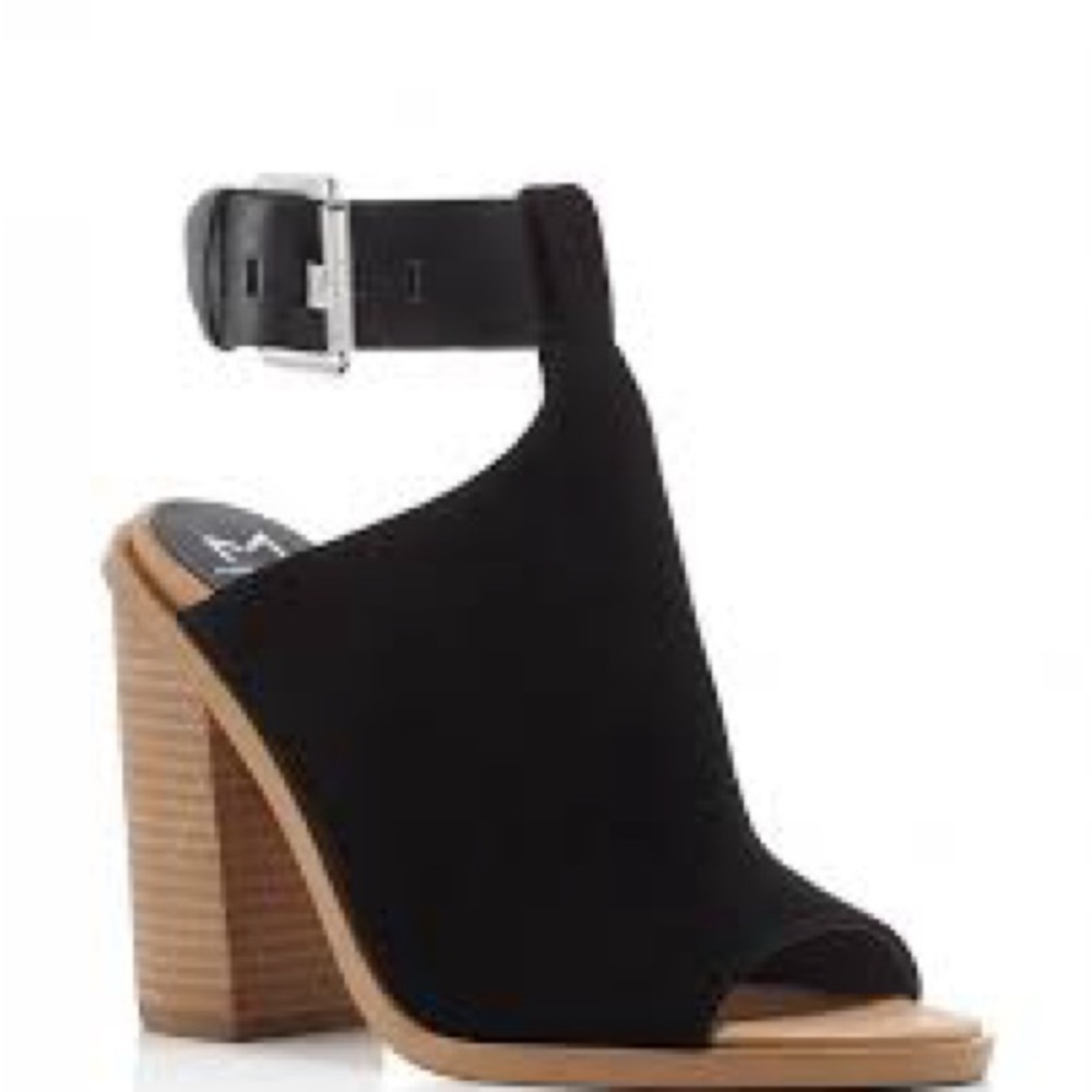 Marc Fisher Vashi Black and Tan Peep-Toe Ankle Strap Heels
